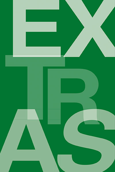 Weiße Buchstaben verteilt auf einem grünen Hintergrund, zusammen ergeben sie das Wort "EXTRAS"