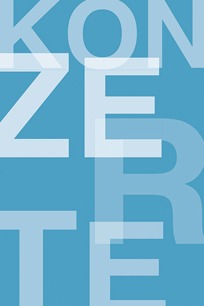 Weiße Buchstaben verteilt auf einem blauen Hintergrund, zusammen ergeben sie das Wort "KONZERTE"
