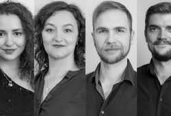 Collage aus den schwarz-weißen Portraits von Anna Avdalyan, Nadia Steinhardt, Philipp Franke und Timo Hannig