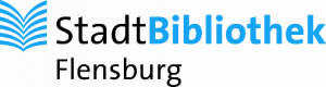 Ein Logo: links ein stilisiertes aufgeschlagenes Buch in hellblau, daneben die Schrift Stadtbibliothek Flensburg in schwarz und blau auf weiß